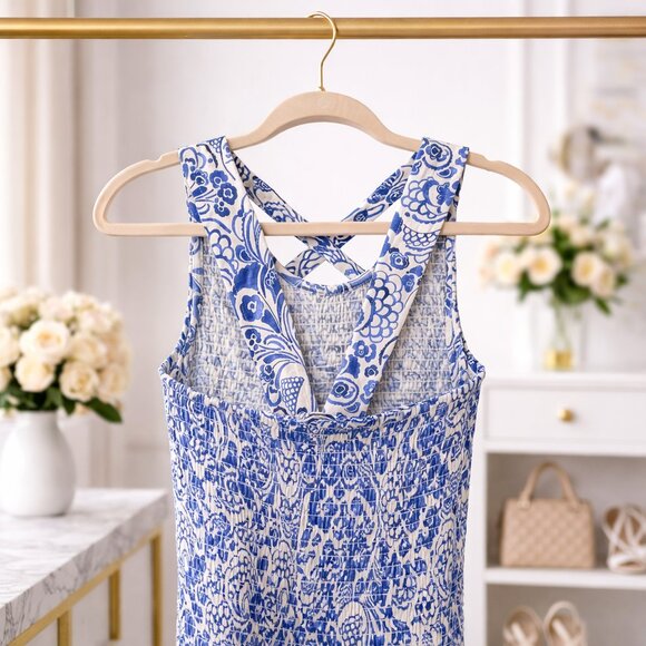 Tommy Hilfiger Blue White Smocked Cross Back Tank Top Size S NEW - Picture 5 of 11